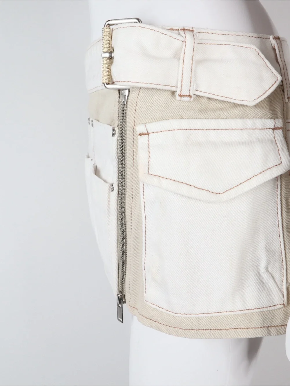 DION LEE | Beige & White Denim Mini Skirt | Size 4